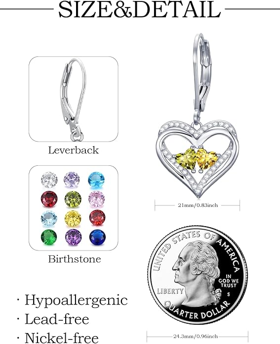 Valentines Day Gifts for Women, Heart Leverback Earrings Double Birthstone Dangle Earrings for Women, Love Jewelry for Her, Anniversary Birthday Gift for Mom Wife Girlfriend