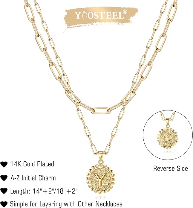 Yoosteel Valentines Gifts for Women Her - Gold Layered Initial Necklaces for Women 14K Gold Plated Dainty Layering Paperclip Link Chain Necklace Coin Initial Necklace Birthday Gifts for Teen Girls