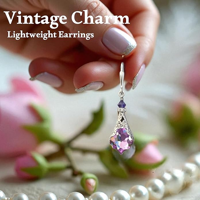 Antique Inspired Vintage Victorian Dangle Drop Earrings for Women - Colored Austrian Crystal Leverback Earrings - Jewelry Gift for Her