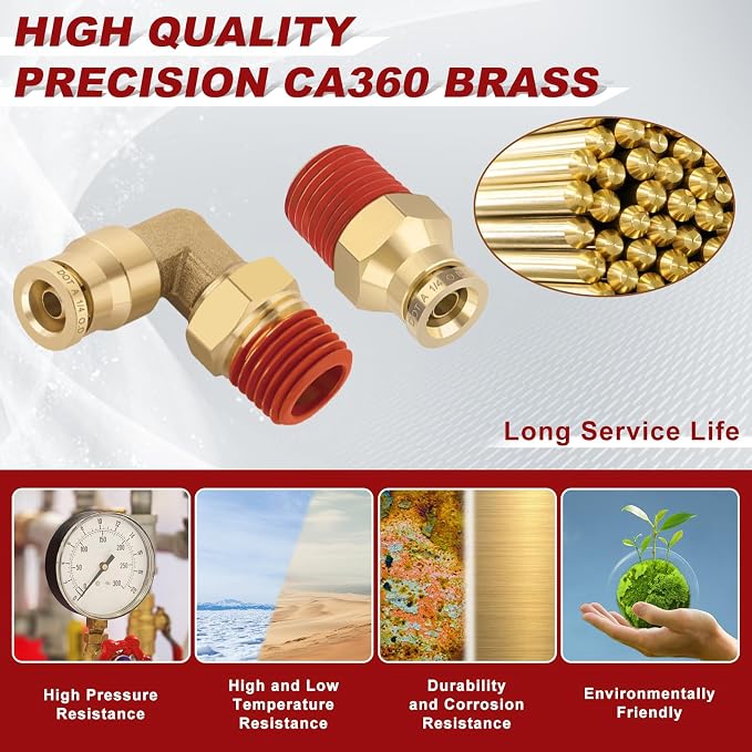 1/4" Tube x 1/4" NPT Male Straight & Elbow Brass Air Fittings Kit, 20 Straight - Image 2