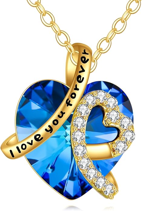 KECHO 14K Real Gold I Love You Forever Necklace Solid Yellow Gold Heart Birthstone Crystal Pendant Jewelry Birthday Mother's Day Anniversary Christmas Gifts for Women