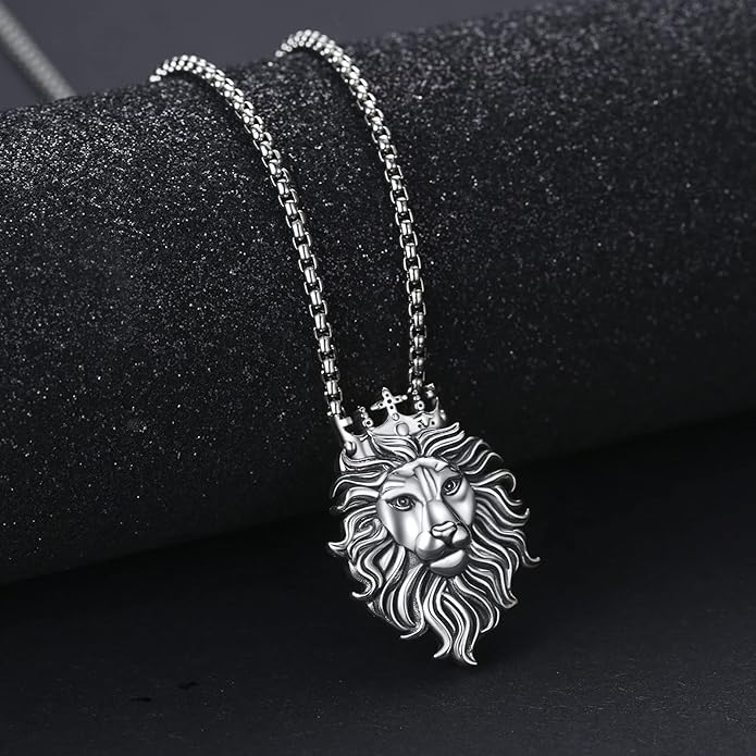 Cuoka Lion Necklace for Men Women S925 Sterling Silver King Retro Punk Gothic Hip Hop Rock Animal Lion Head Pendant Charm Jewelry Chain Necklace Viking Protection Amulet Necklaces