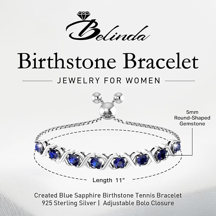 Birthstone Bangle Bracelet for Women Classic Beautiful 925 Sterling Silver Sparkling Gemstone XO Bolo Tennis Bracelet Fine Wrist Jewelry 4.2 Ct, 11"