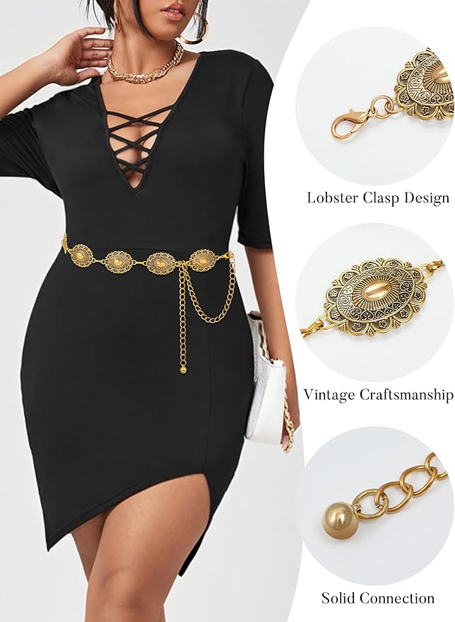FIORETTO Metal Waist Chain Link Belt for Women Western Cowgirl Boho Turquoise Belts for Dress Jeans Country Concert Outfit