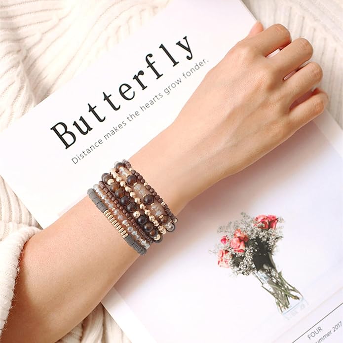 GOOJIDS Surfer Heishi Clay Bead Bracelets for Women Bohemian Stackable Gold Plated Beaded Stretch Bracelets Elastic Layering Friendship Bracelets Set Boho Jewelry
