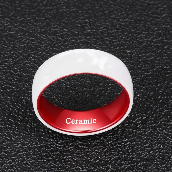 POYA White Ceramic Ring 6mm 8mm Wedding Band for Men Women Inlay Anodized Aluminum Liner Comfort Fit