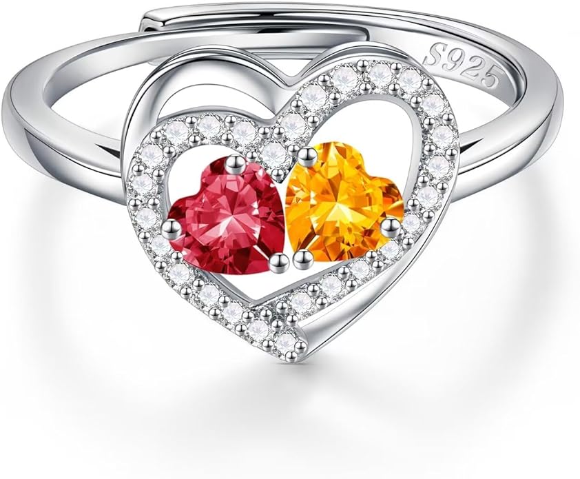 Iefil Adjustable Ring for Women - 925 Sterling Silver Double Birthstone Rings, Anniversary Birthday Gifts for Women Wife Her