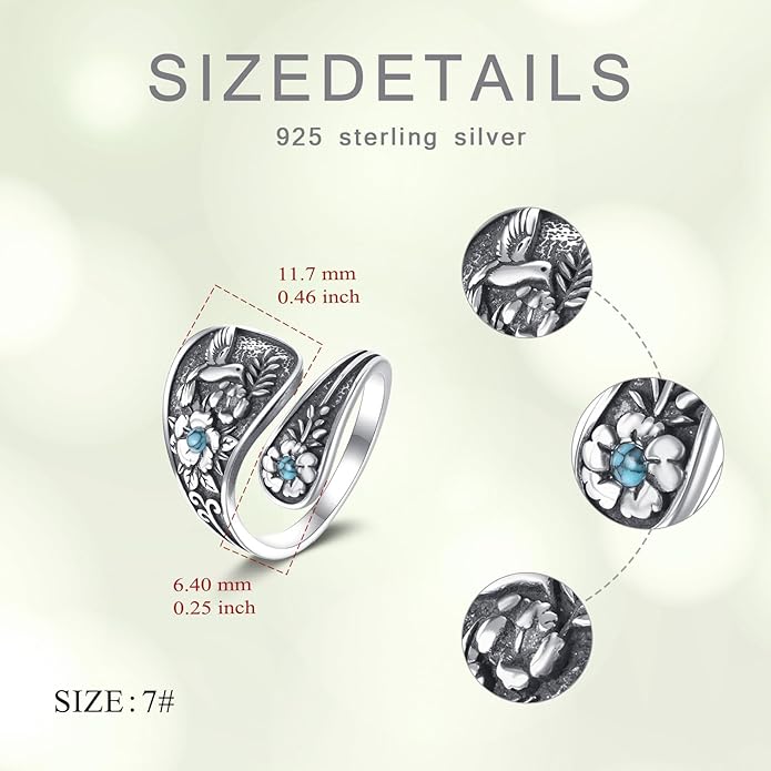 Hummingbird/Dragonfly Turquoise Ring 925 Sterling Silver Floral Spoon Rings Vintage Thumb Band Oxidized Wrap Adjustable Bands Jewelry Gifts for Women Wife Mother Christmas Birthday