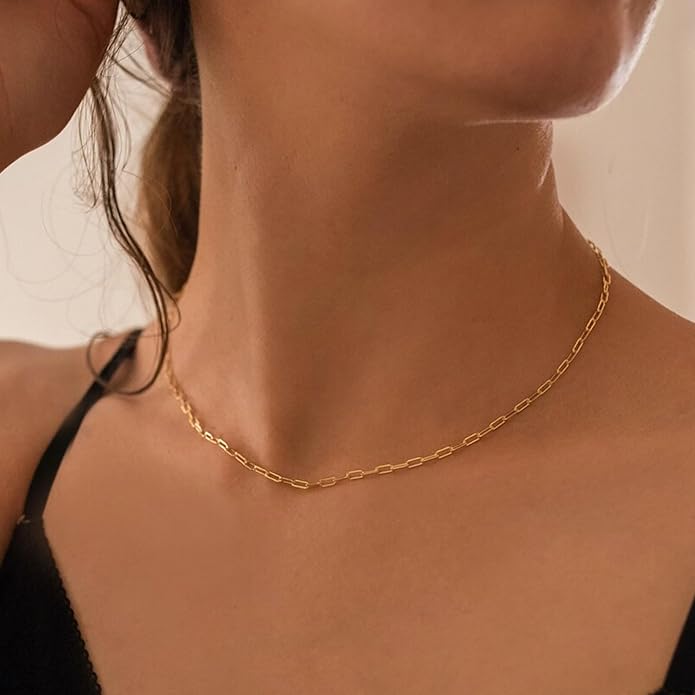 Layered Birthstone Necklace for Women Girls, 14K Gold-Plated Paperclip Chain Choker Necklace with Rectangle Birthstone Pendant Birthday Gifts for Women Girls Dainty Small