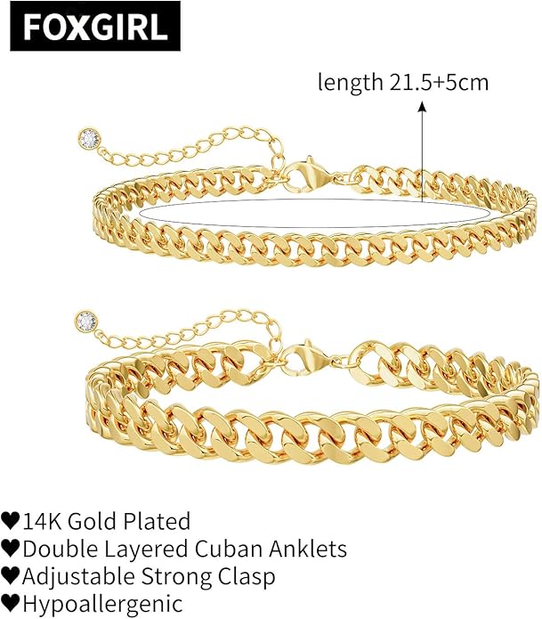 Foxgirl Gold Ankle Bracelets for Women 14K Gold Plated/Silver Anklets for Women Waterproof Minimalist Cuban Link Anklets Set Dainty Layered Ankle Bracelets Anklets for Women Gold Anklet Jewelry Gifts