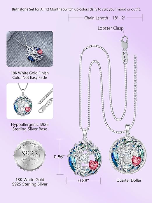 TOUPOP s925 Sterling Silver Family Celtic Tree of Life Pendant Necklaces with 2 Heart Birthstone with Blue Austrian Crystal Jewelry Birthday Valentines Day Gifts for Her, Anniversary Christmas Gifts for Wife Girlfriend Mom (18K Real White Gold Filled)