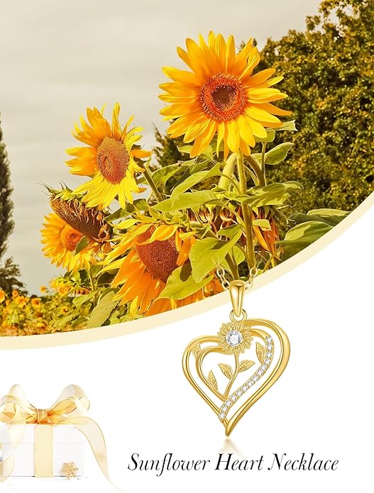 14K Solid Gold Rose Flower/Sunflower Necklaces for Women Flower Heart Pendant Necklace Love Sunshine Jewelry Anniversary Valentine's Day Birthday GiftS for Women Wife Girlfriend Her Mom