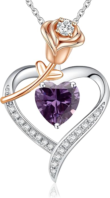 immobird Rose Gold Heart Necklace Birthstone Jewelry Sterling Silver Jewelry Plated White Gold Valentine's Day Gift Women for Wife Mom Necklace for Women