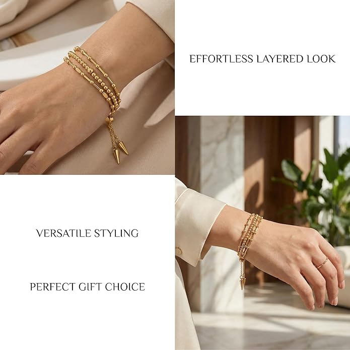 Adjustable Brass Bracelet for Women – Multi-Strand Bead and Bar Chain Design with Sliding Clasp, Minimalist Fashion Jewelry for Everyday Wear and Gifting