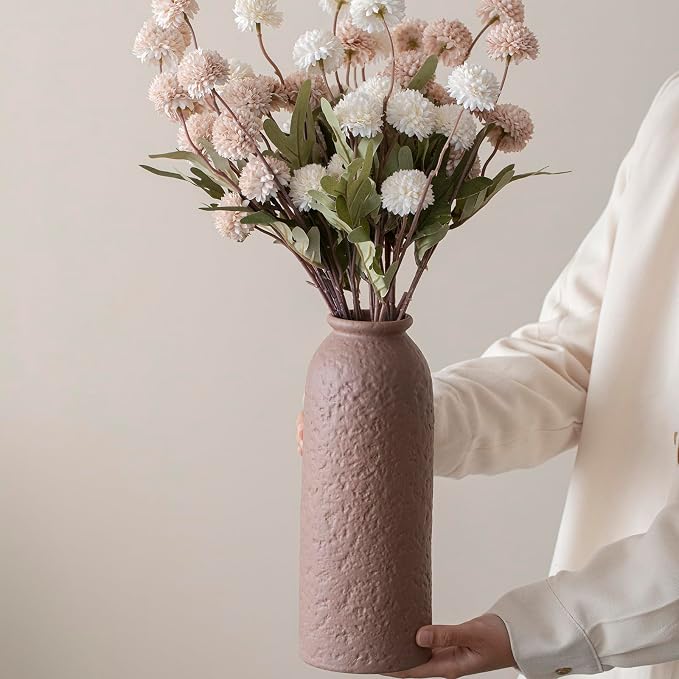 Large Decorative Ceramic Vase Set, 3 Pieces, Matte Taupe Orange Coral Beige - Image 3