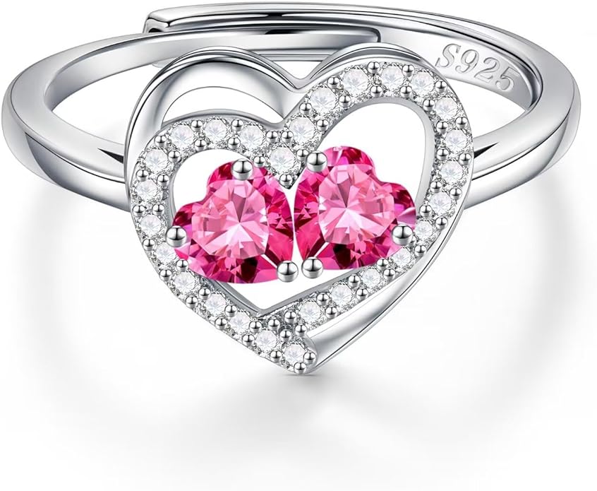 Iefil Adjustable Ring for Women - 925 Sterling Silver Double Birthstone Rings, Anniversary Birthday Gifts for Women Wife Her