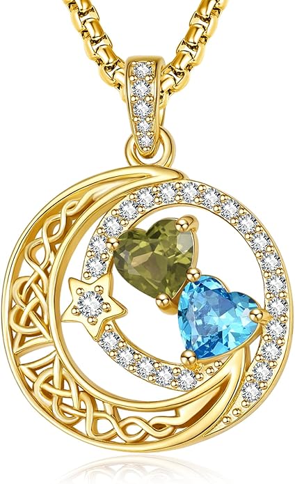 14K Gold Moon and Star Necklace Gifts for Women - Double Heart Birthstone Necklace, Valentines Wedding Anniversary Birthday Gifts for Her Wife Mom Daughter Grandma Sister