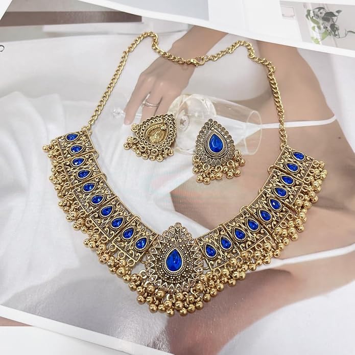 Indian Wedding Bridal Traditional Bohemian Jewellery Set for Women Girls Antique Oxidized Ethnic Party Prom Wear Statement Necklace Earring Tassel Bollywood Choker Punk Crystal Fashion Gift for Bride