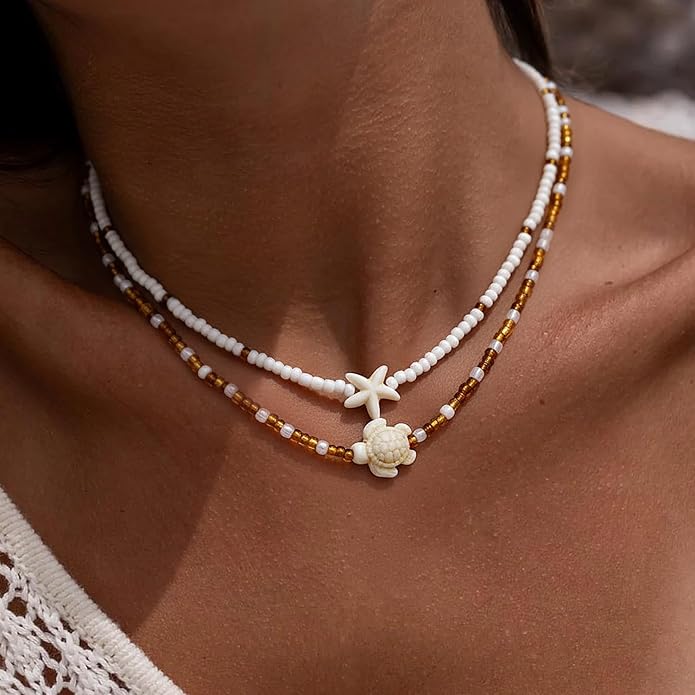 Women's Shell Starfish Boho Layered Beaded Necklace Choker for Summer Beach Vacation Gifts for Birthday/Anniversary/Christmas