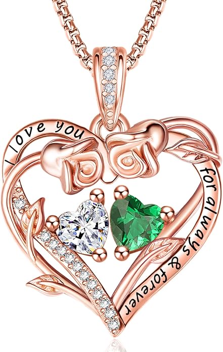 Rose Heart Necklaces for Women, Rose Gold Forever Love Jewelry with 2 Birthstones Pendant,Valentines Anniversarry Birthday Gifts for Her Wife Mom Grandma Daughter, 18+2 Inch Chain