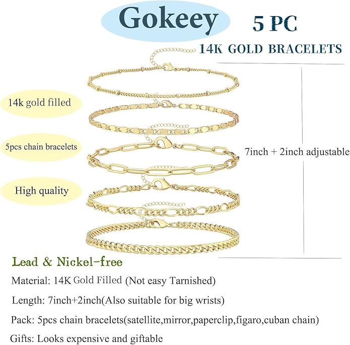 Gold Bracelets Set for Women Non Tarnish Trendy,14K Gold Plated Dainty Stackable Paperclip Cuban Link Chain Bracelets, Simple Cute Cuff Bracelets Jewelry Set Adjustable 7"+2"