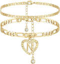 YANODA Initial Ankle Bracelets for Women 14K Gold Plated Layered Figaro Chain Letter Initial Anklets Handmade Layered Heart Ankle Bracelets Personalized Jewelry for Women