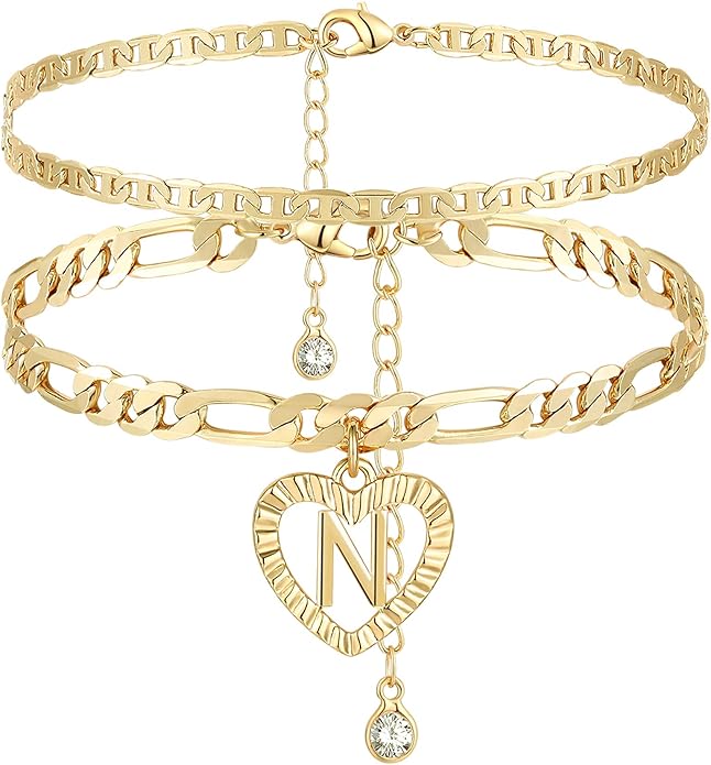 YANODA Initial Ankle Bracelets for Women 14K Gold Plated Layered Figaro Chain Letter Initial Anklets Handmade Layered Heart Ankle Bracelets Personalized Jewelry for Women