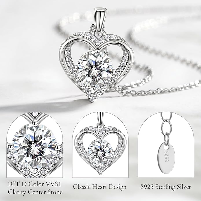 NORBU Moissanite Necklace for Women, 1 CT D Color VVS1 Clarity Round Cut, 925 Sterling Silver Heart Necklace with 18K White Gold Plated, Jewelry Gift for Wedding Anniversary Birthday Christmas Valentine's Day