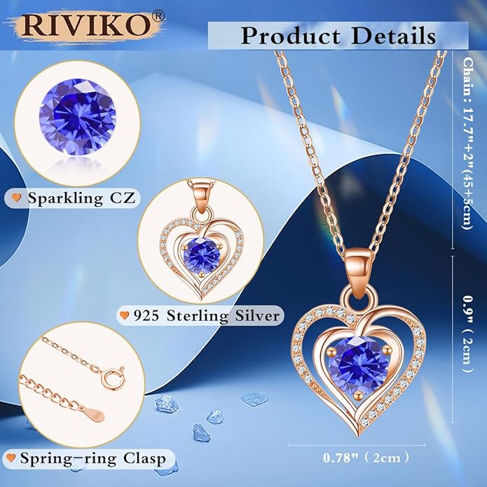 RIVIKO Heart Birthstone Pendant Necklace for Women 925 Sterling Silver Zirconia Necklaces Valentine's Day Anniversary Birthday Mothers Day Jewelry Gifts For Her Mother Wife