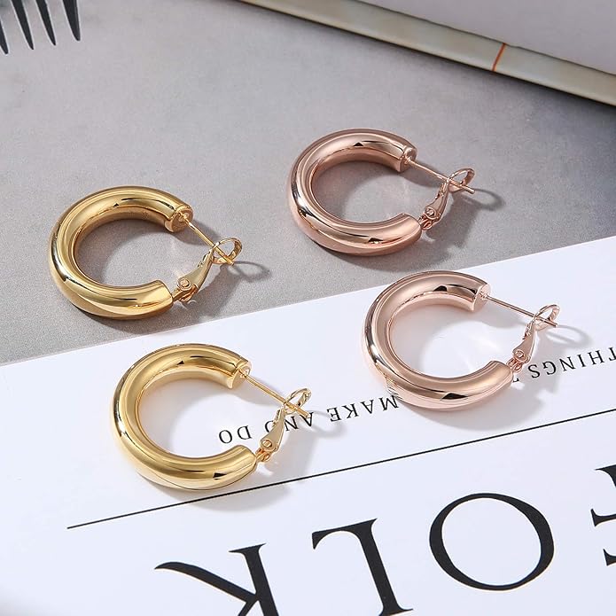 sovesi Chunky Gold Hoop Earrings for Women with 925 Sterling Silver Post, 14K Gold Plated Small Thick Gold Hoops Earrings for Women