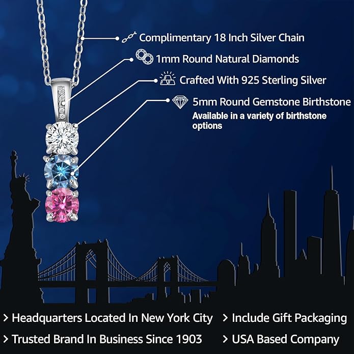 Gem Stone King Customized and Personalized Diamond and 3 Gemstone Birthstone Mother Necklaces In 925 Sterling Silver | 3-Stone Pendant Necklace For Women | Round 5MM | With 18 Inch Silver Chain