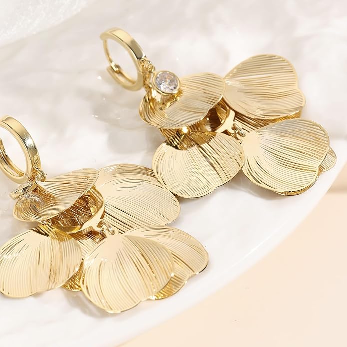 Boho Flower Layered Floral Leaf Drop Dangle Earring For Women,Metal CZ Gold Lightweight Flower Bohemian Gold Petal Exaggerated Jewelry Earrings For Women Brides Party Prom Wedding