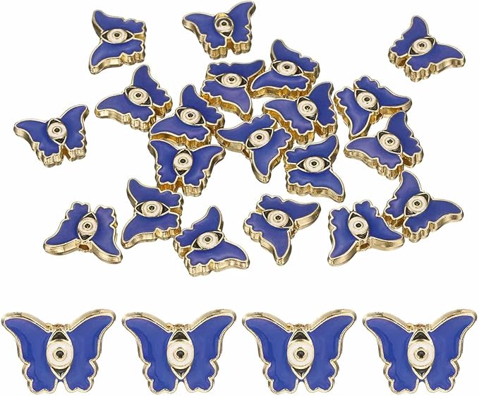 MECCANIXITY 20 Pcs Butterfly Evil Eye Beads Colorful Flat Loose Spacer Evil Eye Charms for DIY Bracelet Earrings Necklace Crafts Jewelry Making, Bright Blue