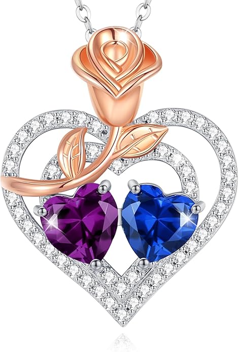 AGVANA Valentines Day Gifts Birthstone Necklace for Women Sterling Silver Rose Flower Heart Double Birthstone Jewelry Pendant Necklace Anniversary Birthday Gifts for Women Mom Wife Girlfriend Her
