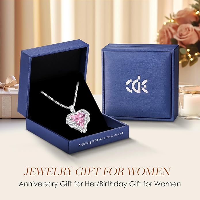 CDE Valentines Day Gifts for Women Angel Wings Necklace for Women with Birthstone, Love Heart Silver Tone/Gold Tone Pendant, Ideal Anniversary or Birthday Jewelry Gifts for Wife Girlfriend Her