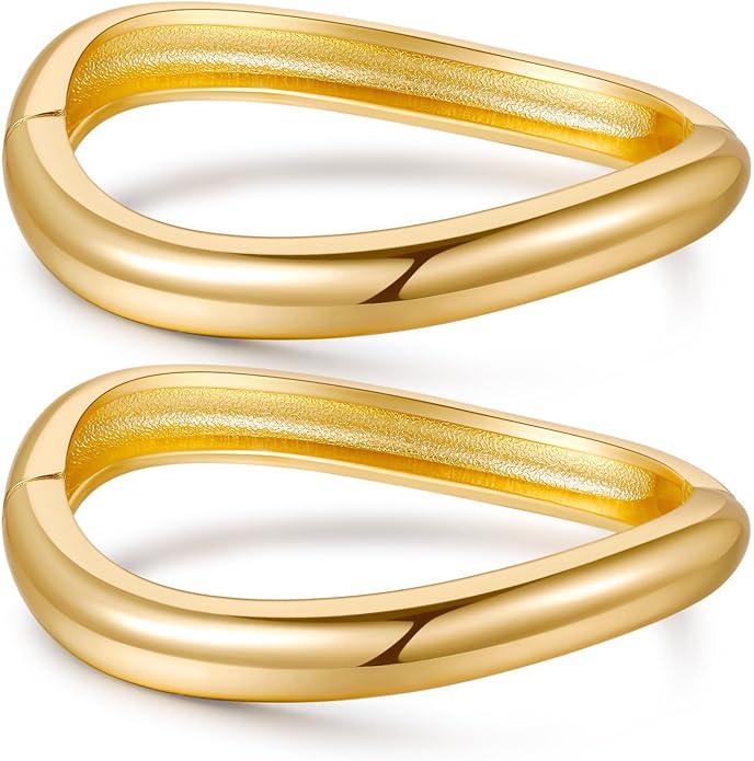 2pcs Gold Bangle Bracelets for Women, Trendy Hinged Cuff Open Wide Chunky Gold Bracelet Stack Arm Cuff Jewelry for Women