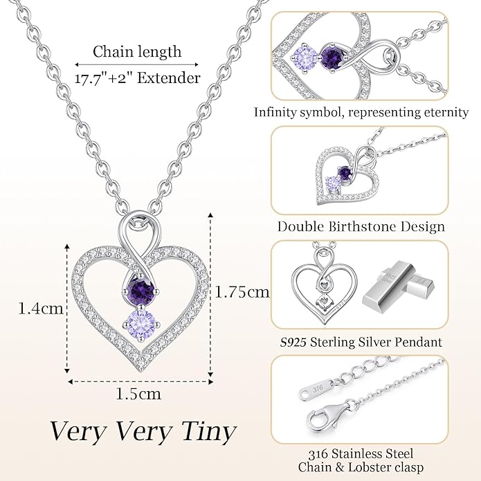 LOUISA SECRET Infinity Double Birthstone Necklace, 925 Sterling Silver Tiny Pendant Heart Necklace for Women Wife Her, Best Jewelry Gift Heart Jewelry Meaningful Gift for Valentine's Day, Christmas, Birthday Anniversary
