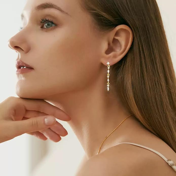 14K Gold Plated Dangle Earrings for Women Dainty Silver Drop Earring Trendy Small Long Dangling Wedding Bridesmaid Hoop Diamond Crystal Cute Earring Jewelry Valentine Gifts