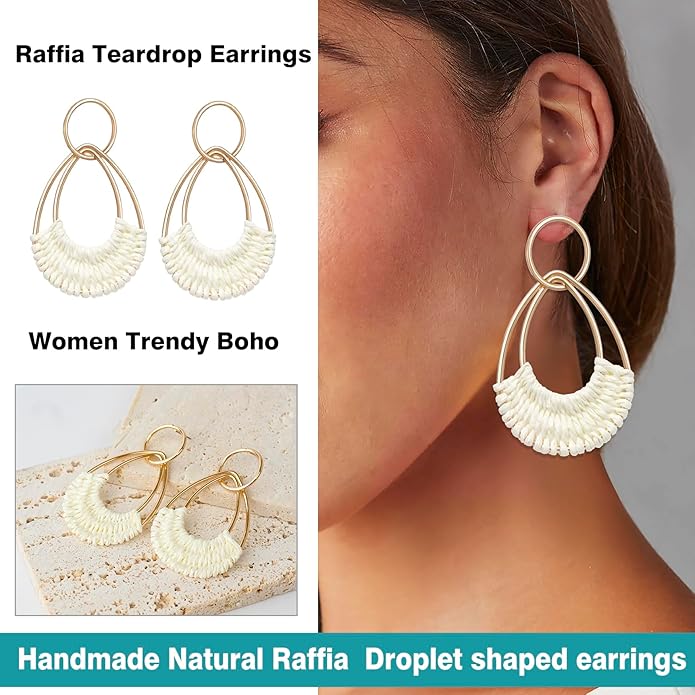 Raffia Hoop Earrings for Women Fun Boho Summer Beach Earrings Lightweight Handmade Straw Wicker Rattan Dangle Earrings Statement Geometric Round Drop Earrings