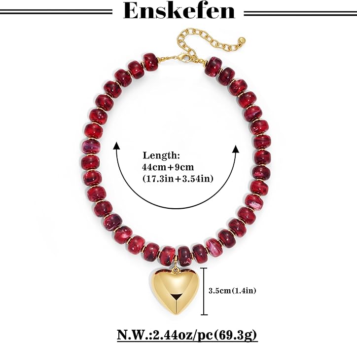 Gold Heart Pendant Necklaces for Women Colorful Acrylic Resin Beaded Choker Necklace Fashion Chunky Statement Beaded Heart Necklace
