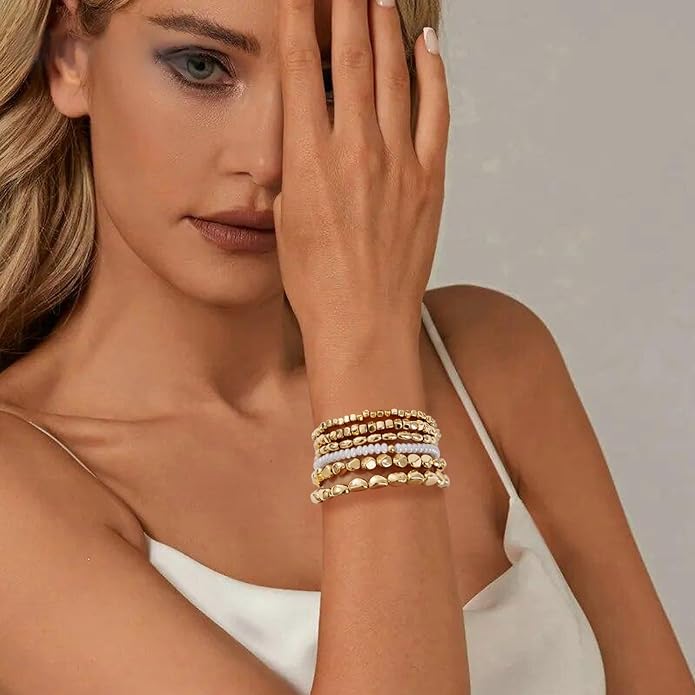 Gold Plated Beaded Bracelets for Women Trendy, 14K Gold Plated Stack Cross Pearl Gold Plated Bead Stretch Bracelets Set Elastic Hypoallergenic Bracelets Jewelry Gifts