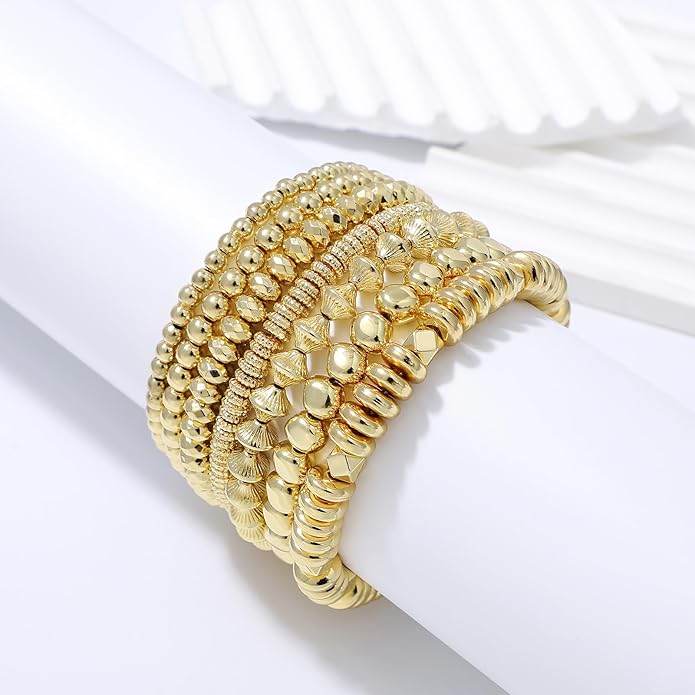 Gold Plated Beaded Bracelets for Women Trendy, 14K Gold Plated Stack Cross Pearl Gold Plated Bead Stretch Bracelets Set Elastic Hypoallergenic Bracelets Jewelry Gifts