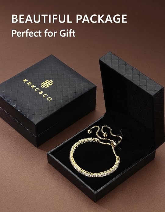 KRKC&CO Tennis Bracelet, Adjustable Length S925 Sterling Silver 2/3/4mm, Christmas Birthday Gifts for Her, Gift Box, Cubic Zirconia Bolo Bracelets for Women White/14K Gold Plated, Hypoallergenic