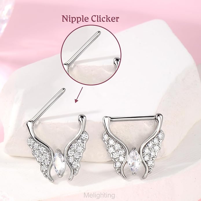 Melighting Butterfly Nipple Rings 14G Nipple Piercing 316L Stainless Steel Nipple Clicker Nipple Jewelry Clear CZ Nipple Piercing Jewelry For Women 14 mm