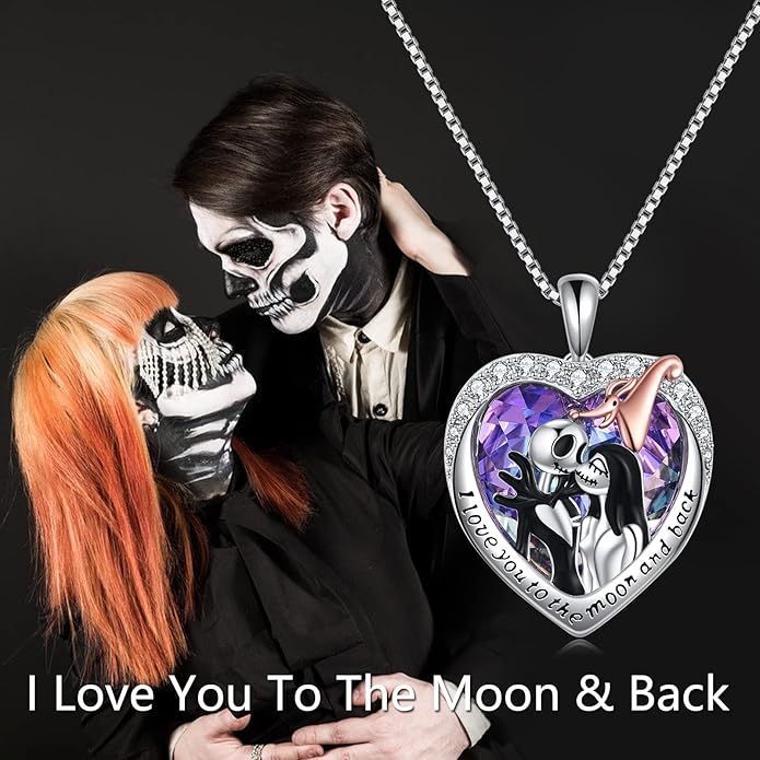 LILALO Nightmare Necklace Sterling Silver Abalone Shell Crystal Jack and Sally Necklace Jack Skellington Skull Jewelry Skull Necklaces for Women