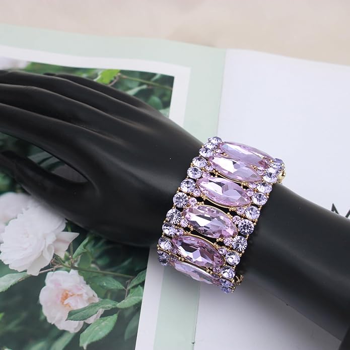 Women’s Elegant Wedding Bridal Crystal Double Row Marquise-Shape Leaf Stretch Bangle Bracelet Bride Jewelry for Women