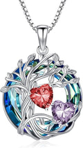 TOUPOP s925 Sterling Silver Family Celtic Tree of Life Pendant Necklaces with 2 Heart Birthstone with Blue Austrian Crystal Jewelry Birthday Valentines Day Gifts for Her, Anniversary Christmas Gifts for Wife Girlfriend Mom (18K Real White Gold Filled)