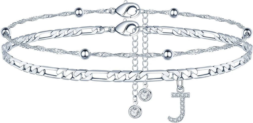 Ursteel Ankle Bracelets for Women, 14K Gold Plated Dainty Layered Chain CZ Initial Anklets Summer Jewelry Gifts for Women