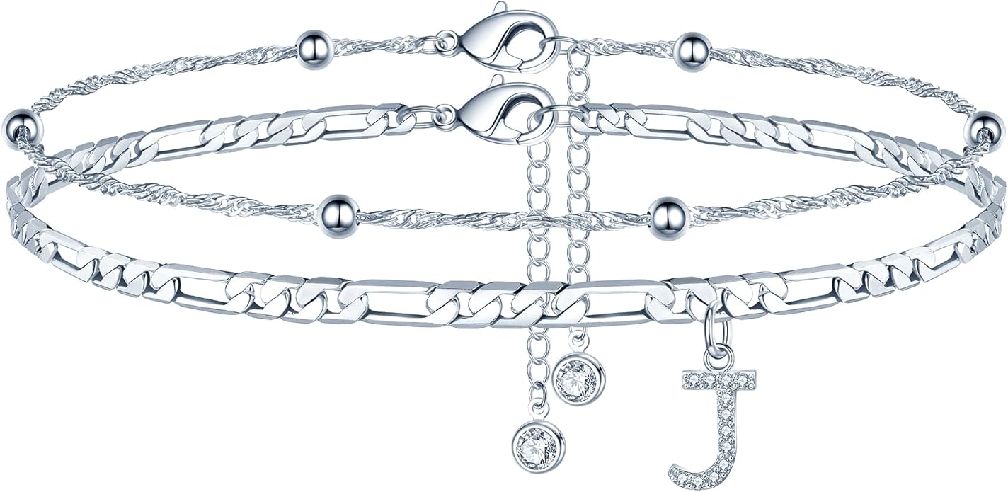Ursteel Ankle Bracelets for Women, 14K Gold Plated Dainty Layered Chain CZ Initial Anklets Summer Jewelry Gifts for Women