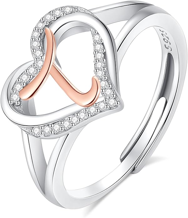 INFUSEU 925 Sterling Silver Initial Heart Ring for Women Girls, Adjustable Size